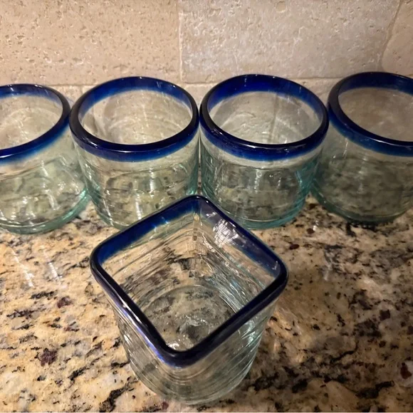 Blown Glass from Mexico Vintage CobaltBlue Rim Set of 4 Tumblers - see below - Picture 3 of 4